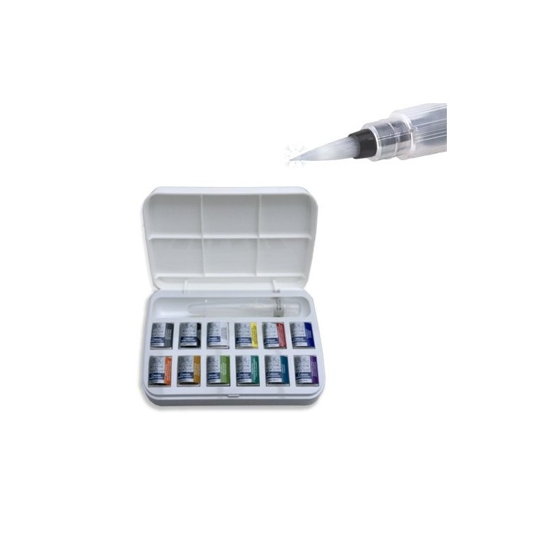 Fine art shop - Box 12 watercolors Cotman 1/2 godet and fine tip water brush Winsor & Newton | totenart.com