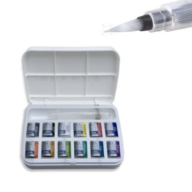 Fine art shop - Box 12 watercolors Cotman 1/2 godet and fine tip water brush Winsor & Newton | totenart.com