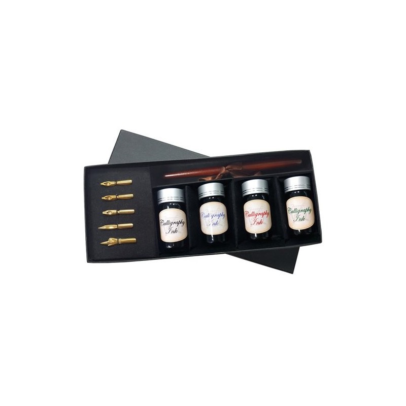 Caligraphy box with 4 colour bottles, 1 handle and 5 nibs. 