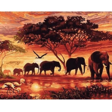 Fine art shop - Paint by numbers kit box \"Eléphants au Coucher\", 40x50cm, Figured\'Art | totenart.com 