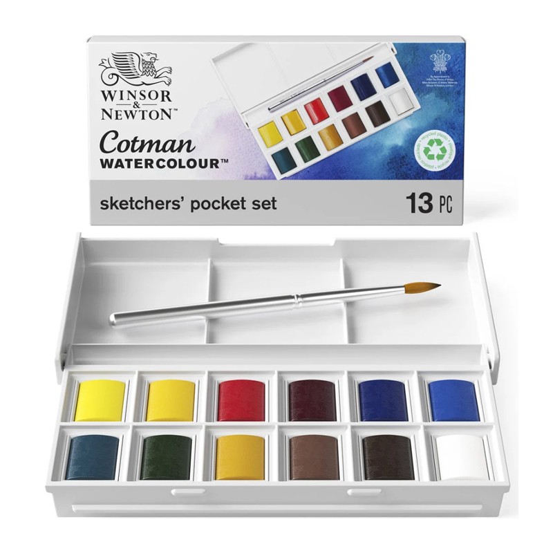 Fine art shop - Box 12 watercolors Cotman 1/2 godet and brush Winsor & Newton | totenart.com