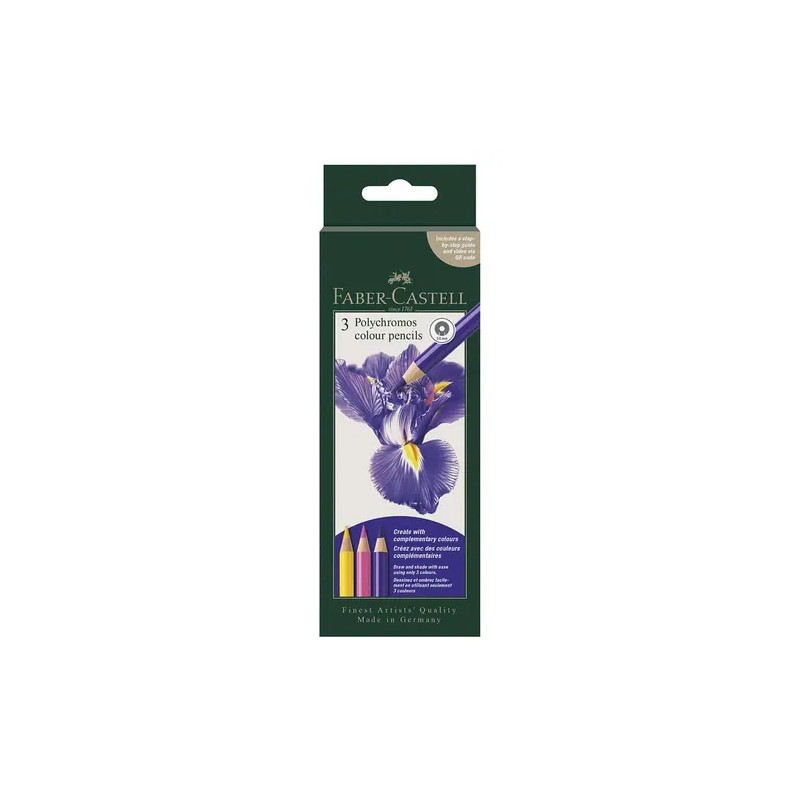 Polychromos 3 Colour Creative Set Faber-Castell Iris Flower: set box, with a drawing of an iris