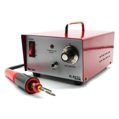 Reig 501 single-socket pyrography machine with handpiece and tip, front view of the red case | Totenart