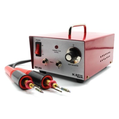 Reig 502 two-socket pyrography machine with two handpieces and tips, front view of the red case | Totenart